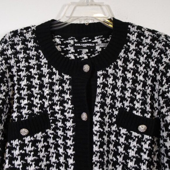 Karl Lagerfeld Cardigan Women's Size XL Black White Herringbone Cropped Classic - Picture 5 of 13
